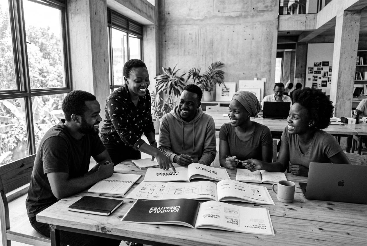 Geekreft creative collective around a wooden studio table in Kampala