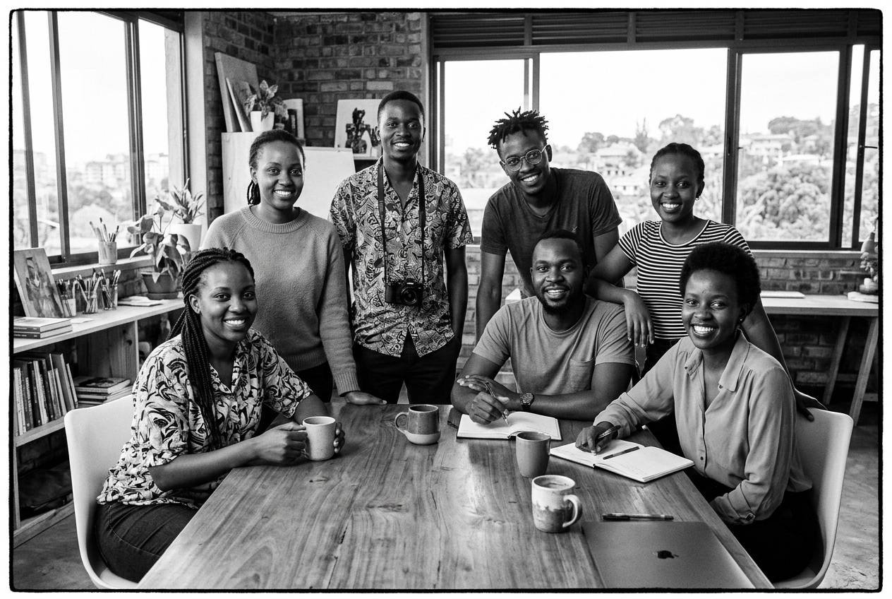 Geekreft team welcoming clients around a wooden table in Kampala