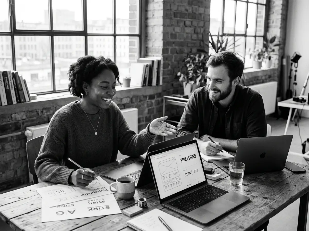 Creative collaborators reviewing a web design layout
