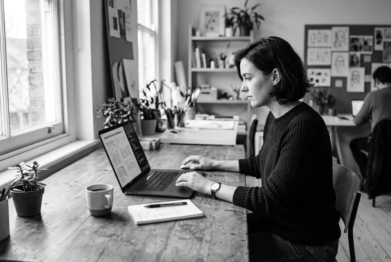 Developer crafting web platform architecture at a wooden studio desk