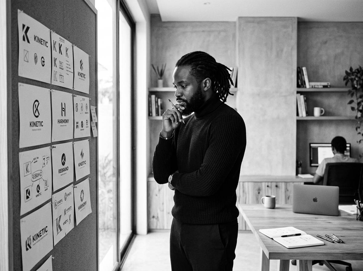 Art director examining brand identity systems at Geekreft
