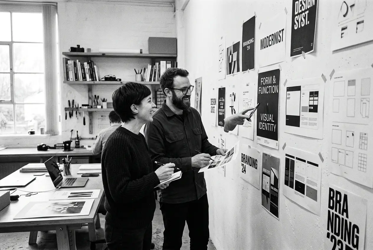 Designers reviewing brand typography layouts on a studio wall